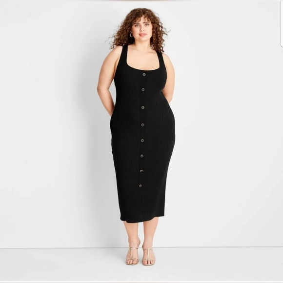 Women's Button-Front Ribbed Midi Dress - Future Collective Black - Picture 1 of 8